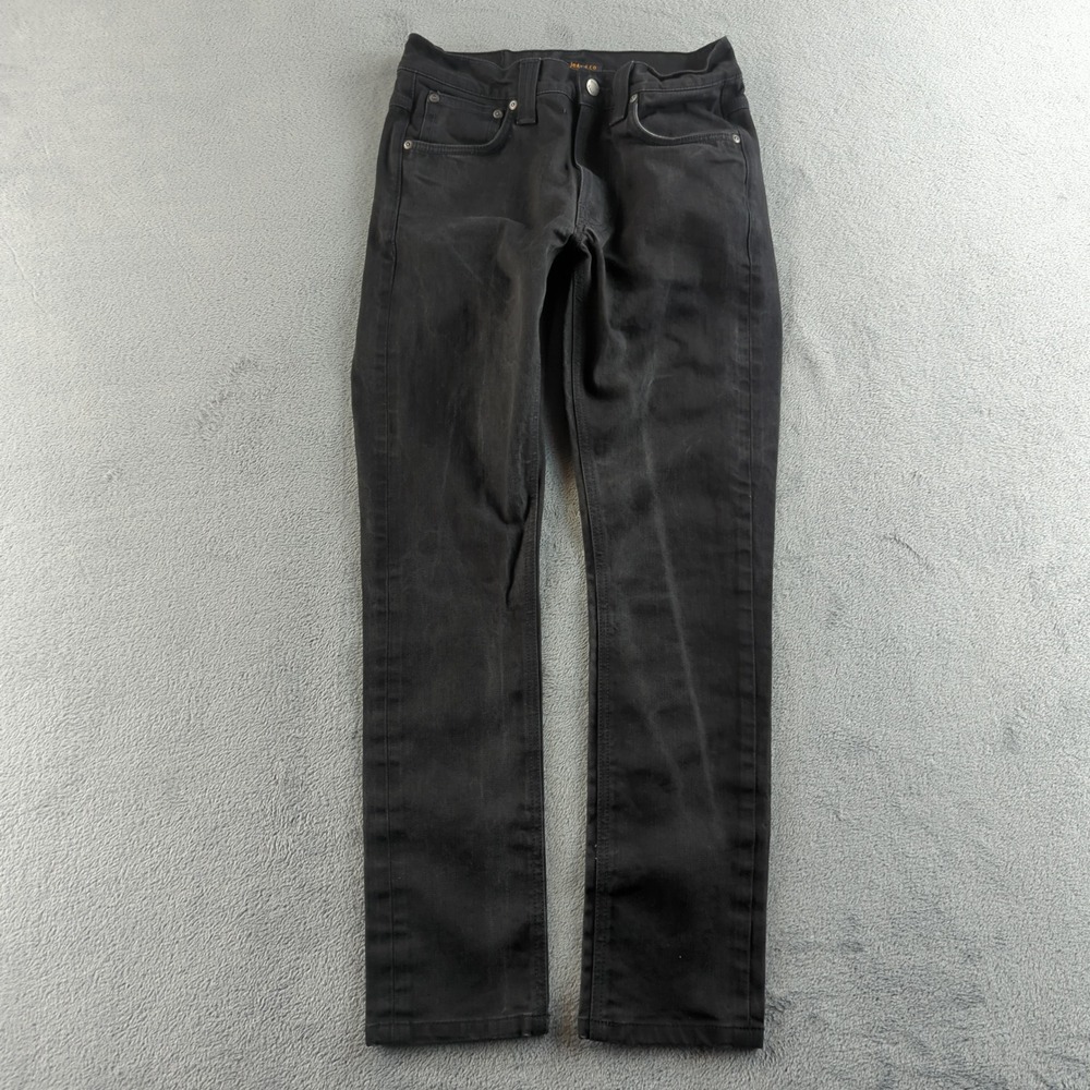 Nudie Lean Dean Jeans Mens 29 (Fits 26x28) Black Faded Slim Fit Stretch Denim